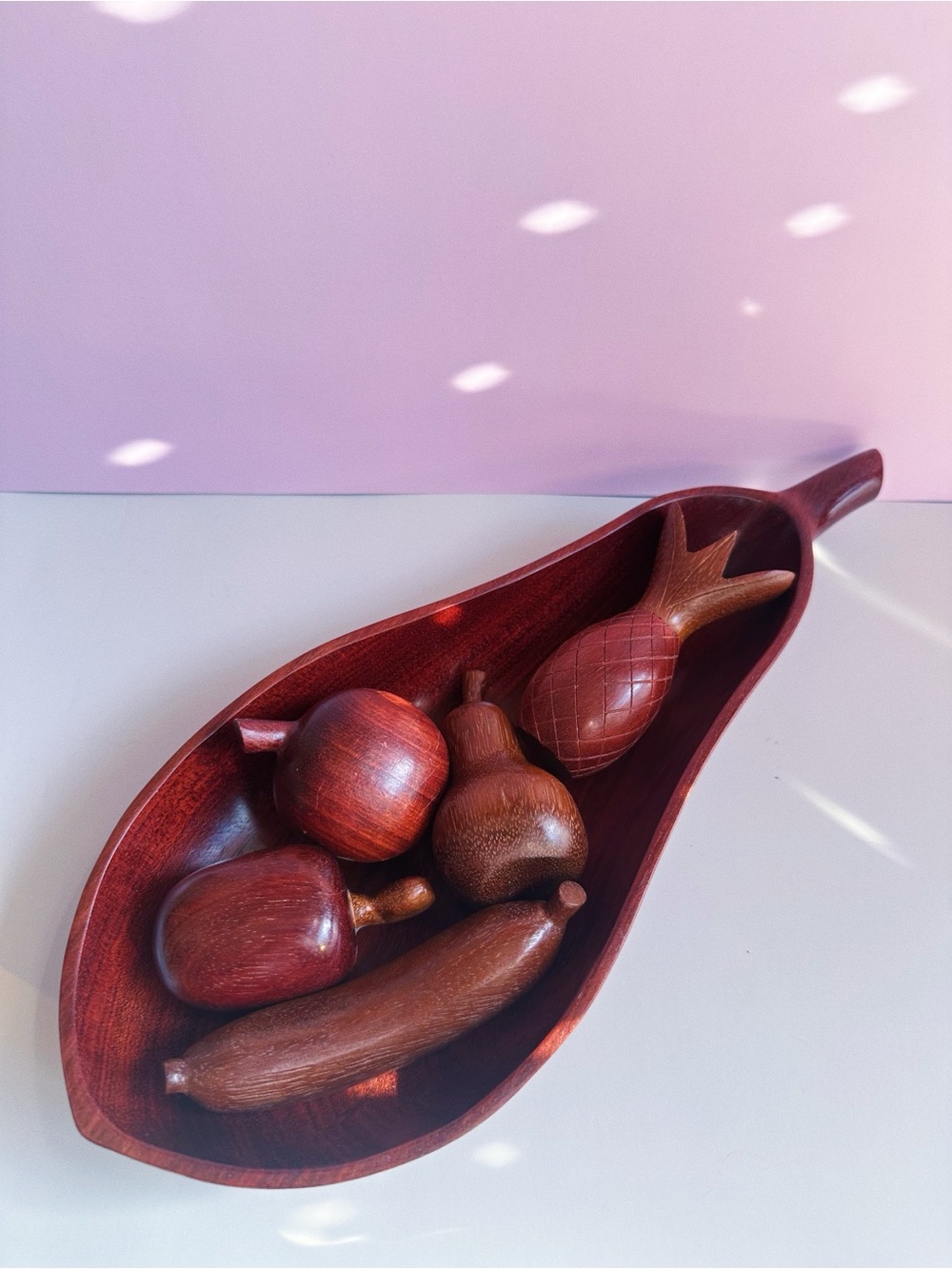 Handcrafted Wooden Fruit Bowl with Decorative Carved Fruit - Mahogany Tone